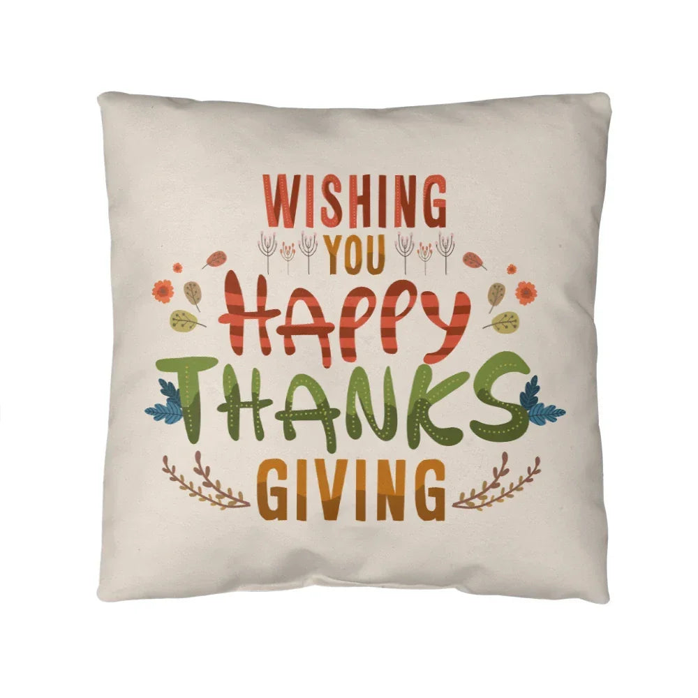 Wishing You a Happy Thanksgiving Throw Pillow – Indoor/Outdoor Fall Accent Cushion – Available in 3 Sizes