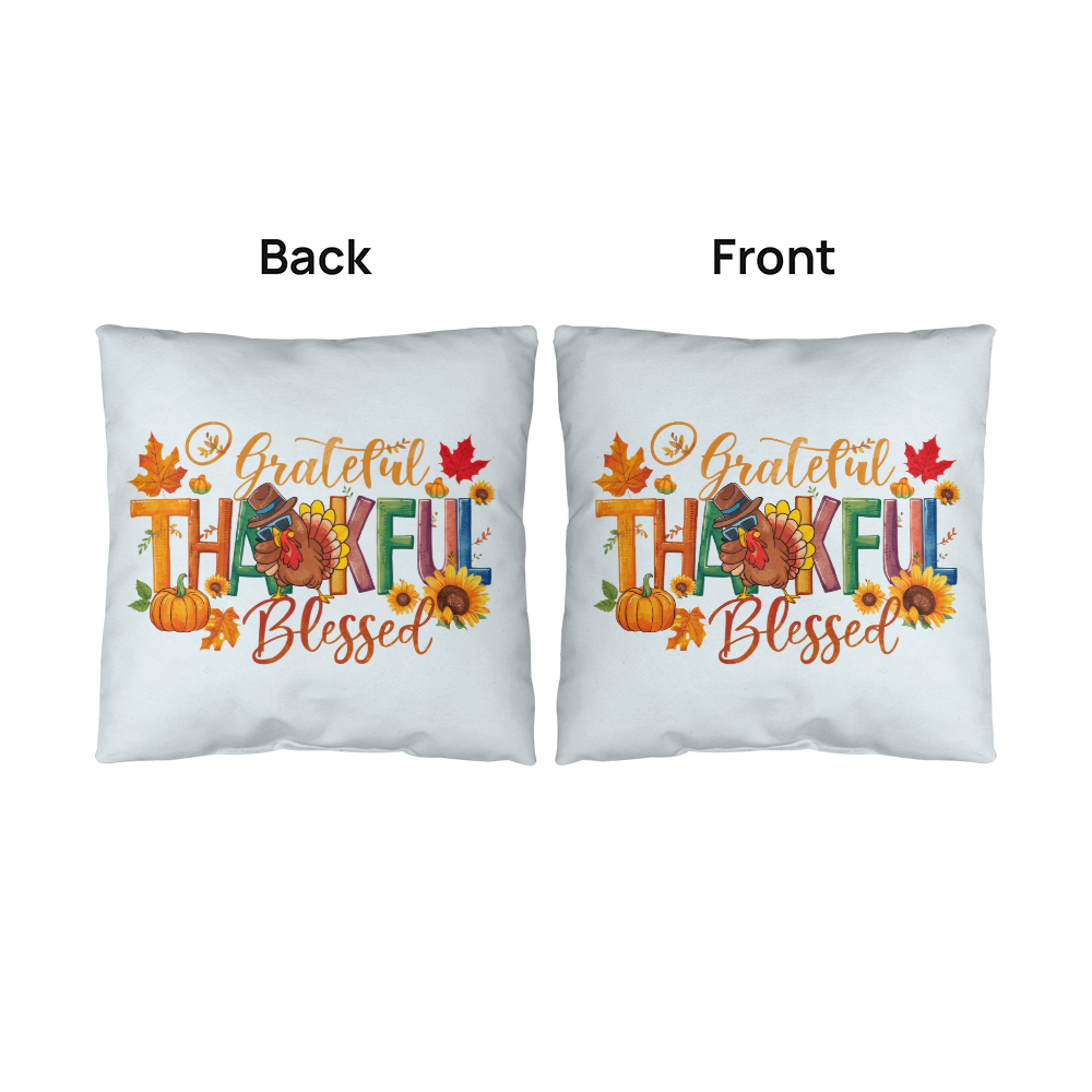 Grateful Thankful Blessed Pillow – Colorful Turkey & Pumpkin Thanksgiving Cushion – Indoor/Outdoor, 3 Sizes - Mallard Moon
