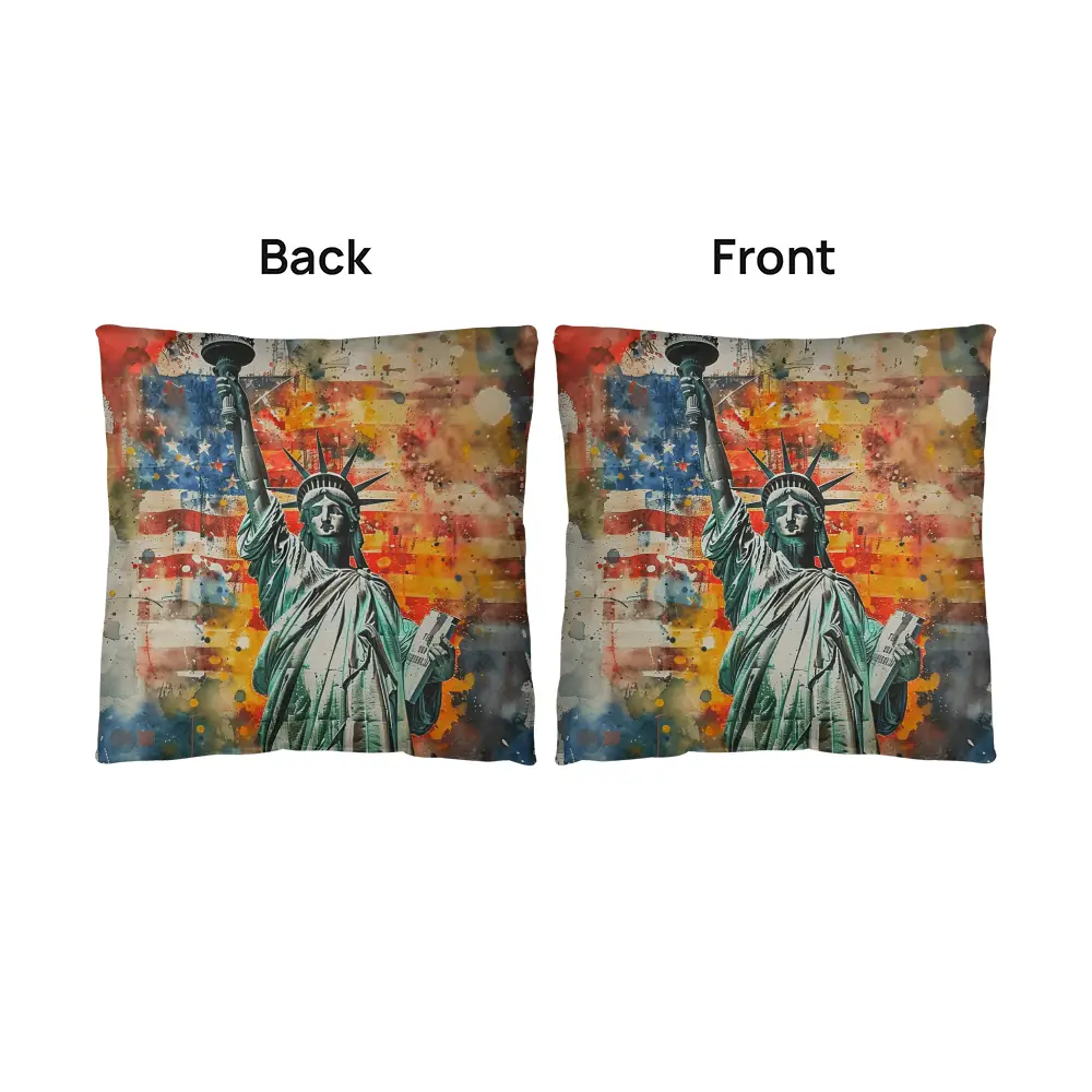 Statue of Liberty American Flag Pillow – Patriotic Indoor Outdoor Throw Pillow – USA Freedom Decor – Red White Blue Cushion – Americana Home Accent