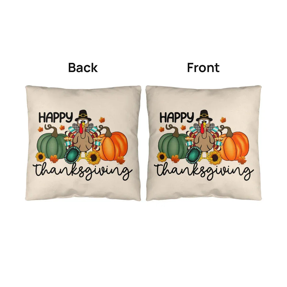 Happy Thanksgiving Turkey Pillow – Fun Fall Pumpkin & Sunflower Cushion – Indoor/Outdoor, 3 Sizes