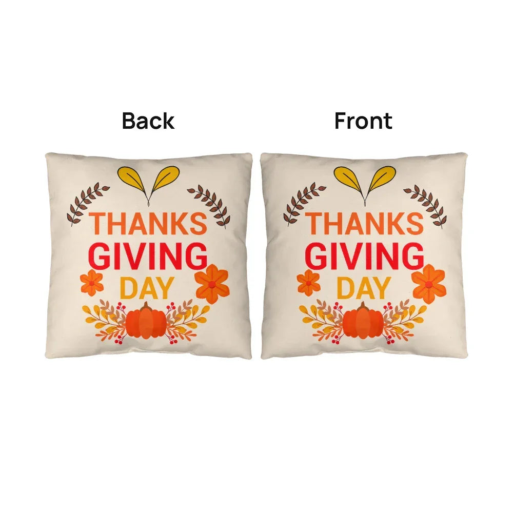 Thanksgiving Day Throw Pillow – Festive Pumpkin & Floral Fall Accent Cushion – Indoor/Outdoor, 3 Sizes