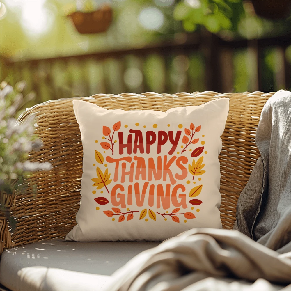 Happy Thanksgiving Throw Pillow – Indoor/Outdoor Fall Accent Cushion – Available in 3 Sizes