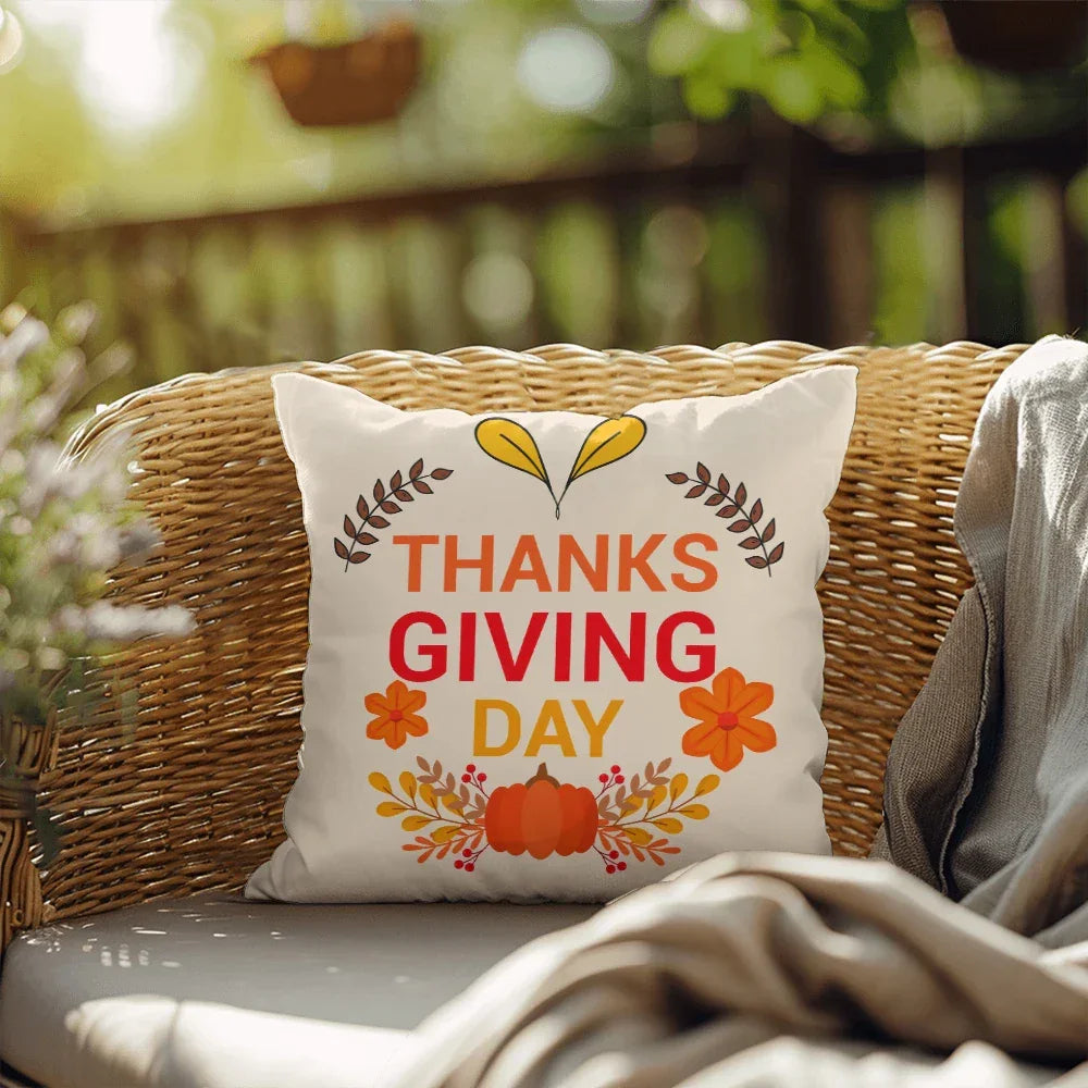 Thanksgiving Day Throw Pillow – Festive Pumpkin & Floral Fall Accent Cushion – Indoor/Outdoor, 3 Sizes