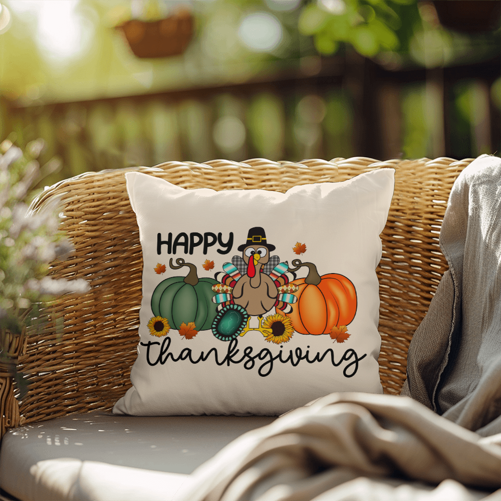 Happy Thanksgiving Turkey Pillow – Fun Fall Pumpkin & Sunflower Cushion – Indoor/Outdoor, 3 Sizes - Mallard Moon