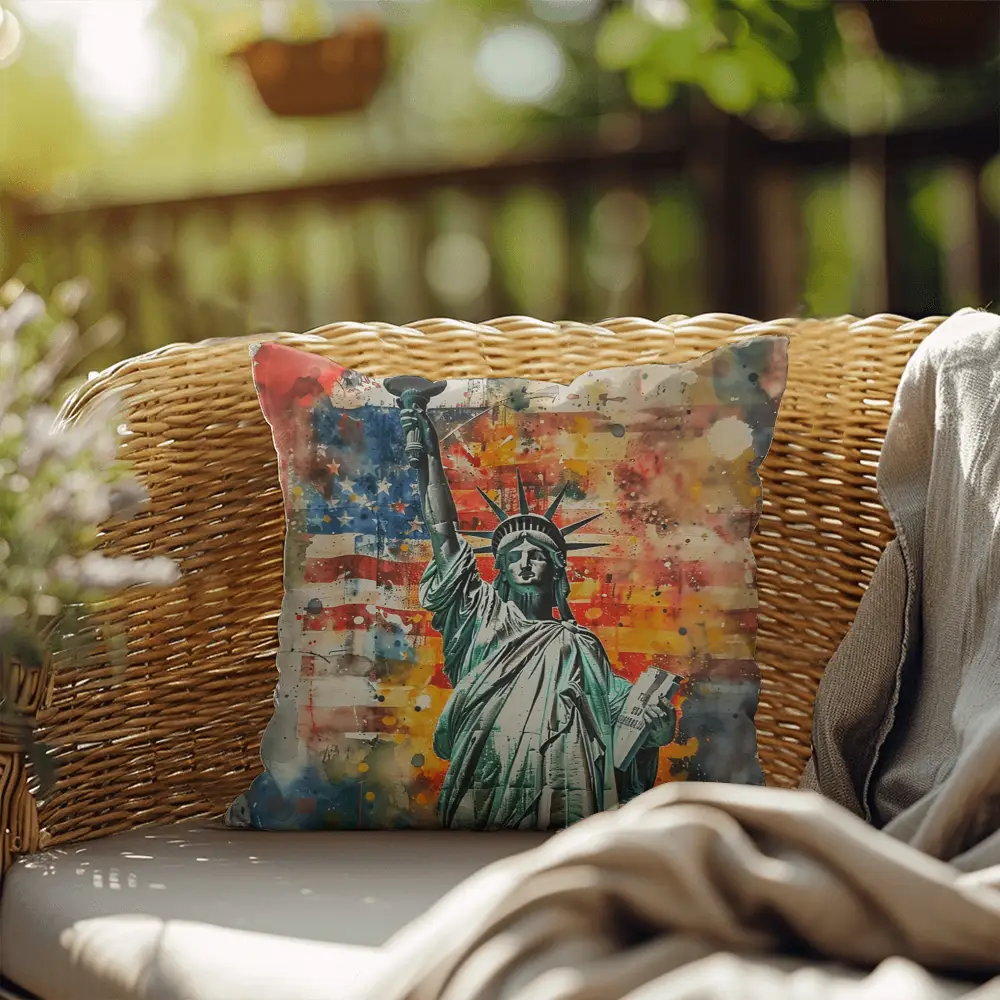 Statue of Liberty American Flag Pillow – Patriotic Indoor Outdoor Throw Pillow – USA Freedom Decor – Red White Blue Cushion – Americana Home Accent