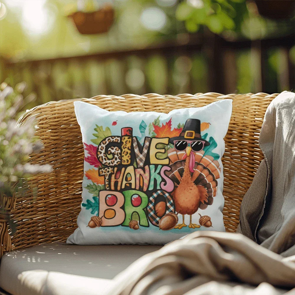 Give Thanks Bro Thanksgiving Pillow – Cool Turkey with Sunglasses Cushion – Indoor/Outdoor, 3 Sizes