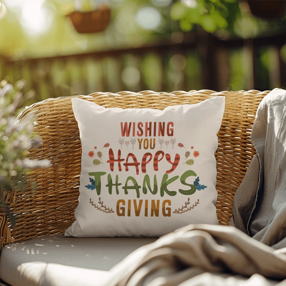 Wishing You a Happy Thanksgiving Throw Pillow – Indoor/Outdoor Fall Accent Cushion – Available in 3 Sizes