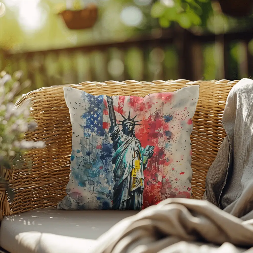 Statue of Liberty Patriotic Indoor -Outdoor Pillow – American Flag Throw Pillow – USA Home Decor – 4th of July Cushion – Patriotic Gift