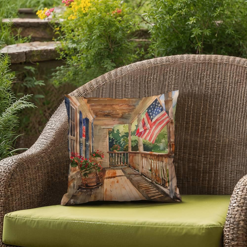 Patriotic Country Porch Scene Indoor-Outdoor Polyester Printed Pillow - Mallard Moon Gift Shop