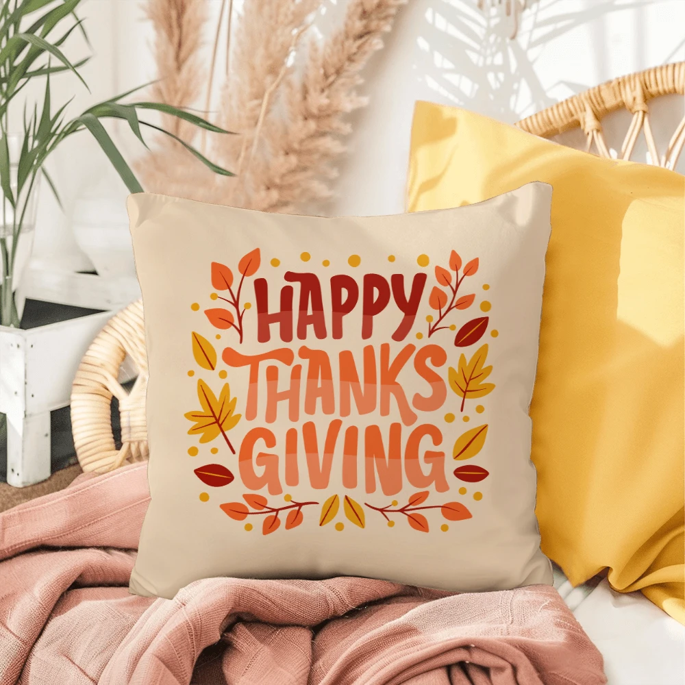Happy Thanksgiving Throw Pillow – Indoor/Outdoor Fall Accent Cushion – Available in 3 Sizes