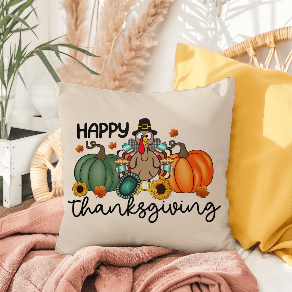 Happy Thanksgiving Turkey Pillow – Fun Fall Pumpkin & Sunflower Cushion – Indoor/Outdoor, 3 Sizes - Mallard Moon