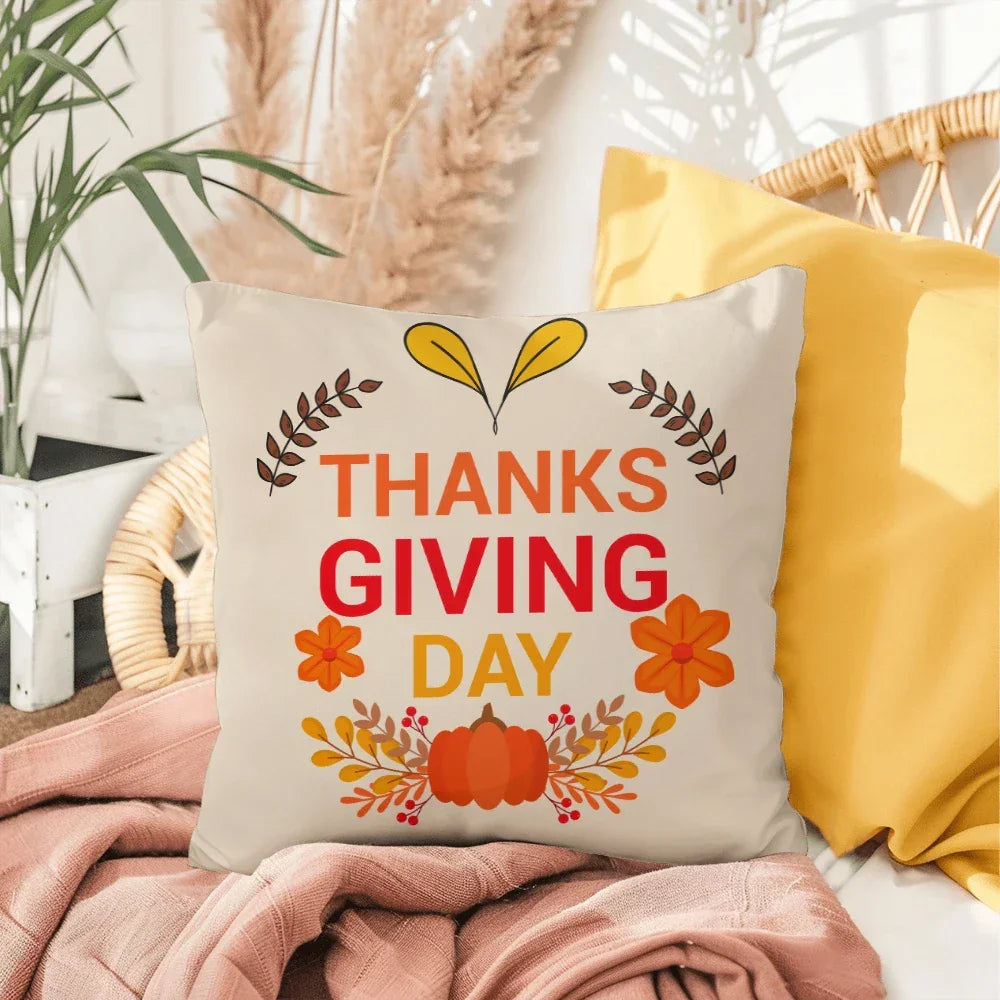 Thanksgiving Day Throw Pillow – Festive Pumpkin & Floral Fall Accent Cushion – Indoor/Outdoor, 3 Sizes