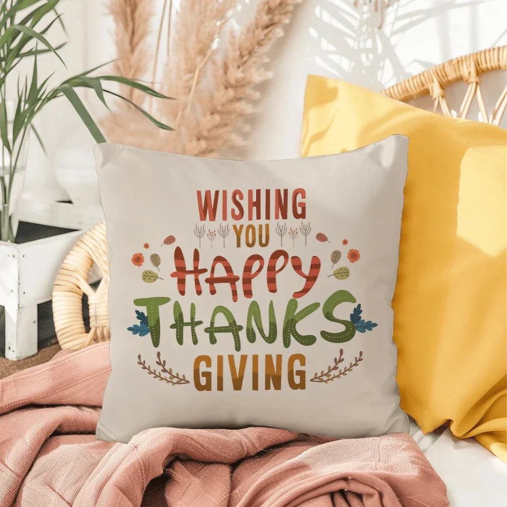 Wishing You a Happy Thanksgiving Throw Pillow – Indoor/Outdoor Fall Accent Cushion – Available in 3 Sizes