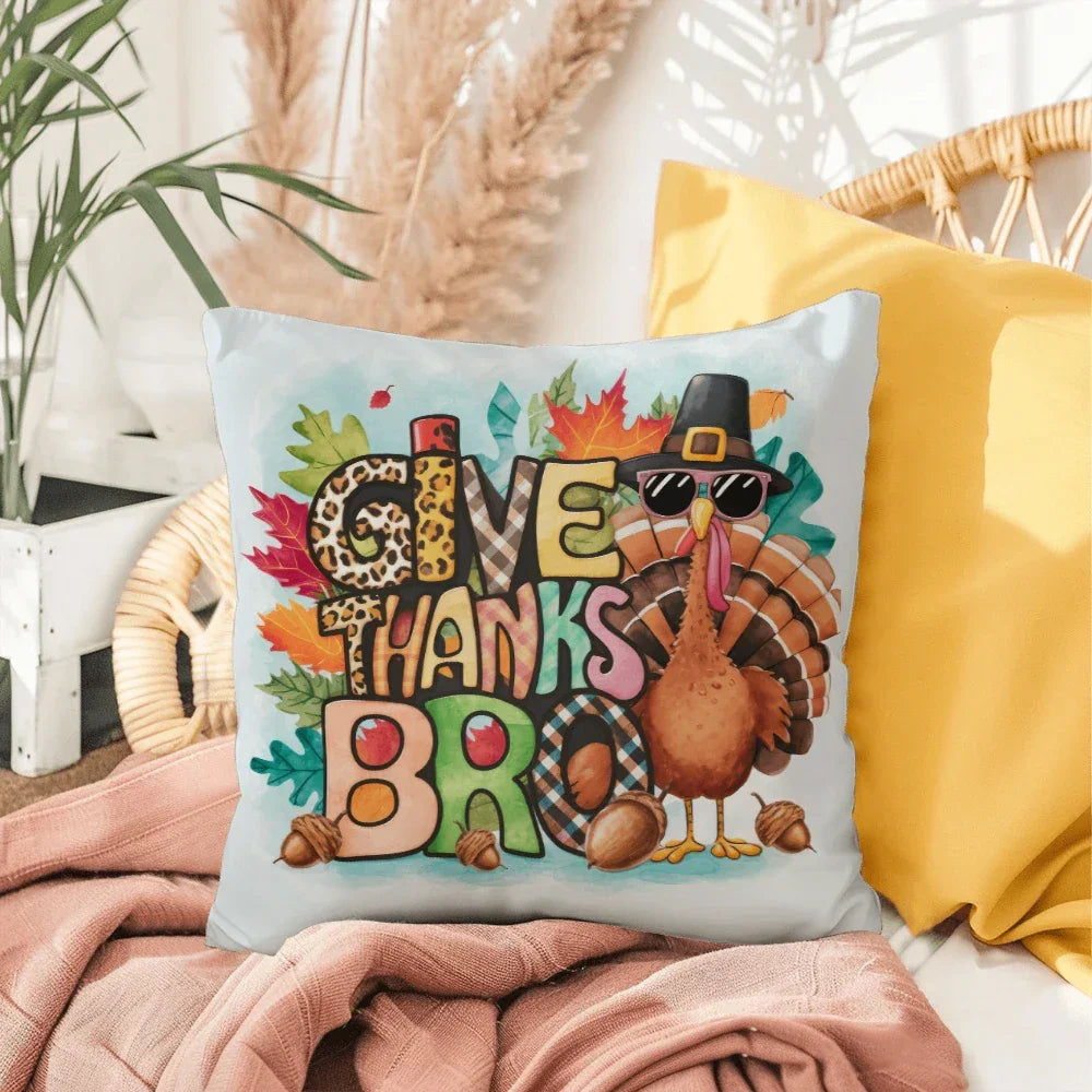 Give Thanks Bro Thanksgiving Pillow – Cool Turkey with Sunglasses Cushion – Indoor/Outdoor, 3 Sizes
