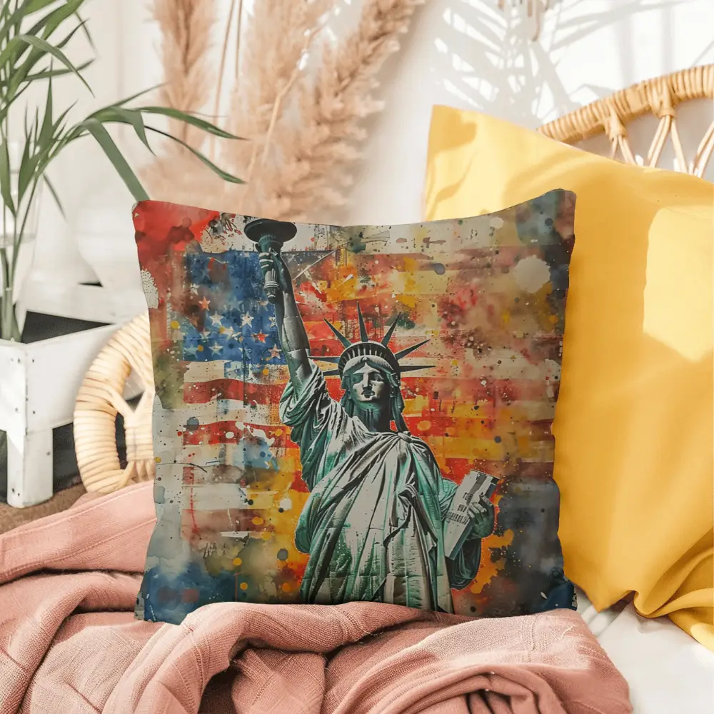Statue of Liberty American Flag Pillow – Patriotic Indoor Outdoor Throw Pillow – USA Freedom Decor – Red White Blue Cushion – Americana Home Accent