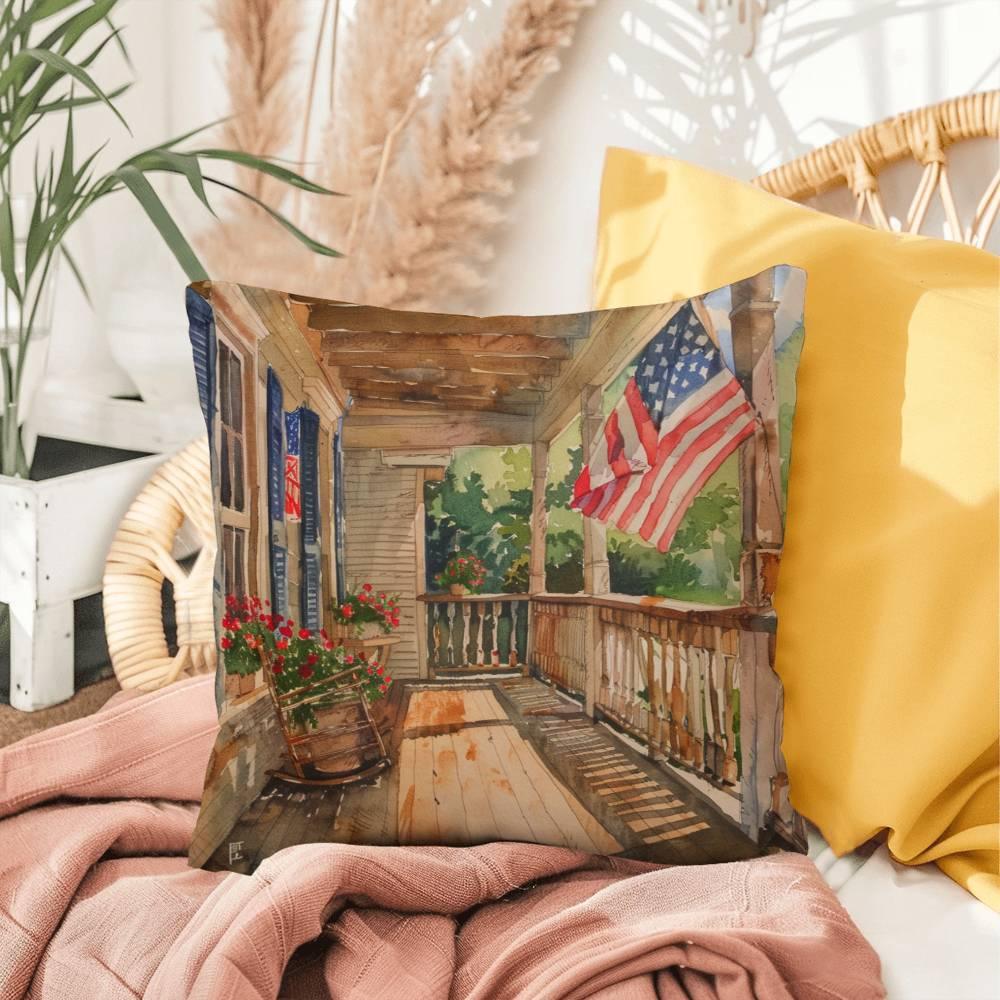 Patriotic Country Porch Scene Indoor-Outdoor Polyester Printed Pillow - Mallard Moon Gift Shop