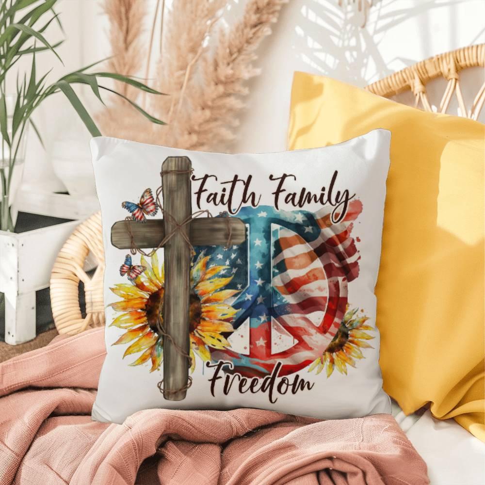 Faith Family Freedom Patriotic Comfy Indoor-Outdoor Pillow - Mallard Moon Gift Shop