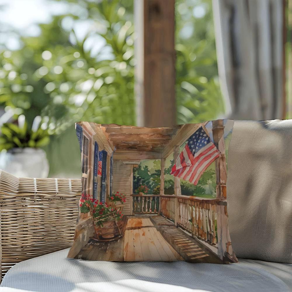Patriotic Country Porch Scene Indoor-Outdoor Polyester Printed Pillow