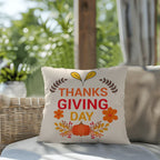 Thanksgiving Day Throw Pillow – Festive Pumpkin & Floral Fall Accent Cushion – Indoor/Outdoor, 3 Sizes