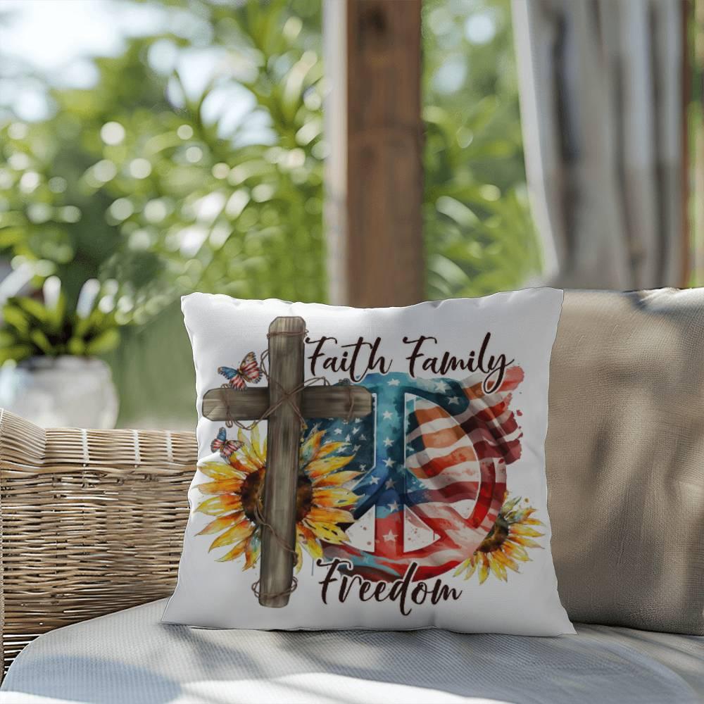 Faith Family Freedom Patriotic Comfy Indoor-Outdoor Pillow - Mallard Moon Gift Shop