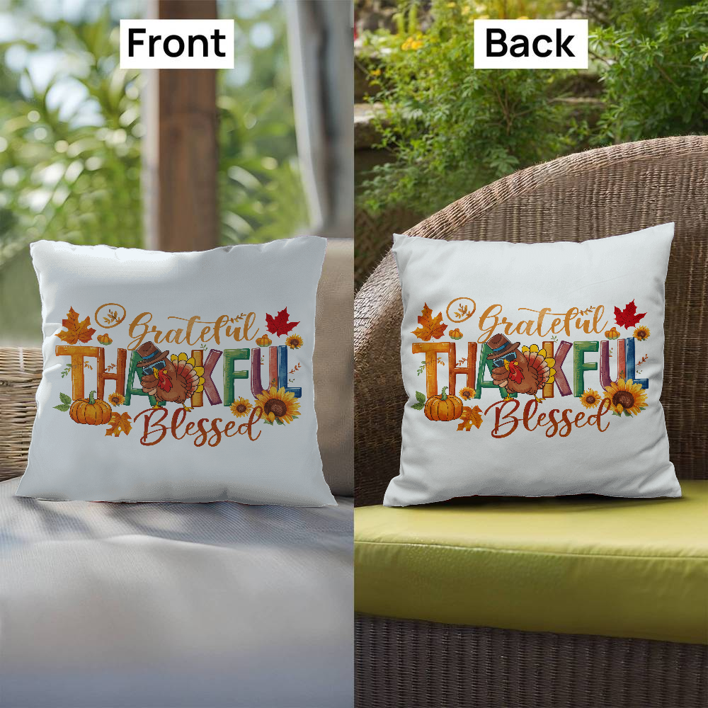 Grateful Thankful Blessed Pillow – Colorful Turkey & Pumpkin Thanksgiving Cushion – Indoor/Outdoor, 3 Sizes - Mallard Moon