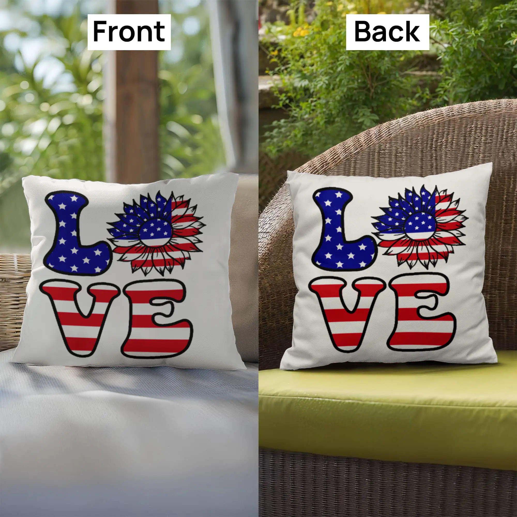 Patriotic Love Pillow, USA Flag Sunflower Throw Pillow, Indoor Outdoor Polyester Cushion, 4th of July Home Decor, American Flag Accent Pillow
