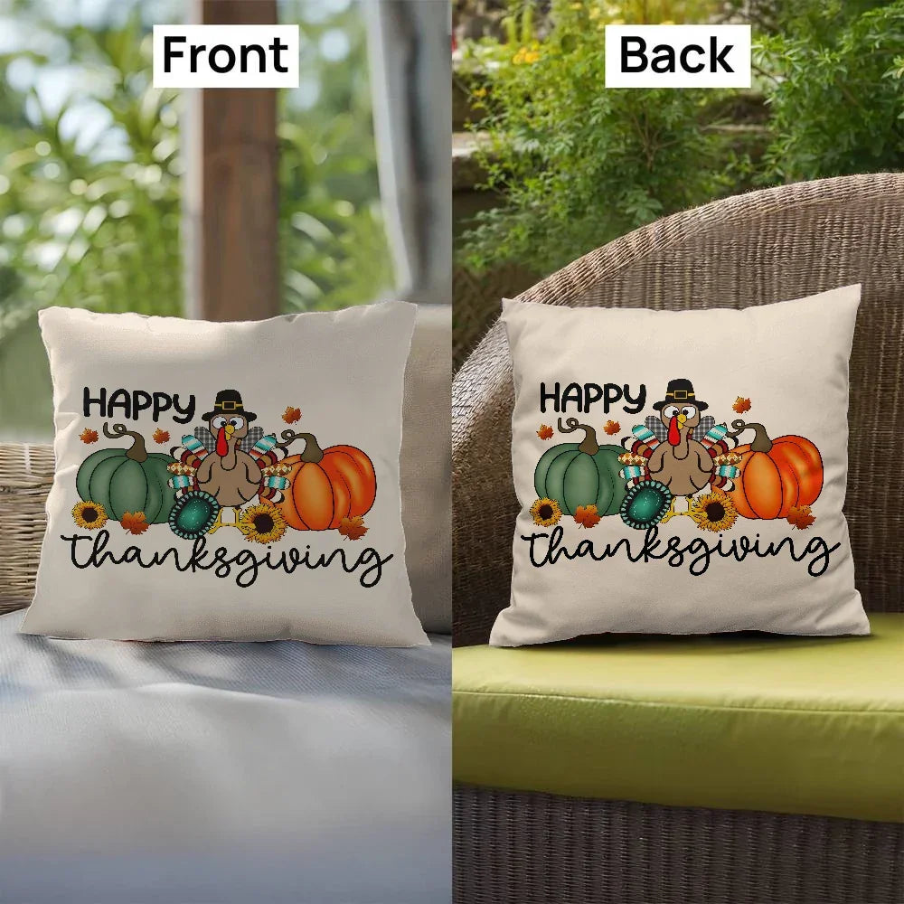 Happy Thanksgiving Turkey Pillow – Fun Fall Pumpkin & Sunflower Cushion – Indoor/Outdoor, 3 Sizes