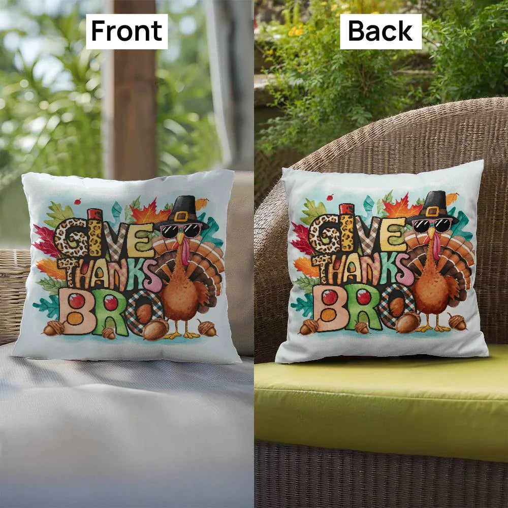 Give Thanks Bro Thanksgiving Pillow – Cool Turkey with Sunglasses Cushion – Indoor/Outdoor, 3 Sizes