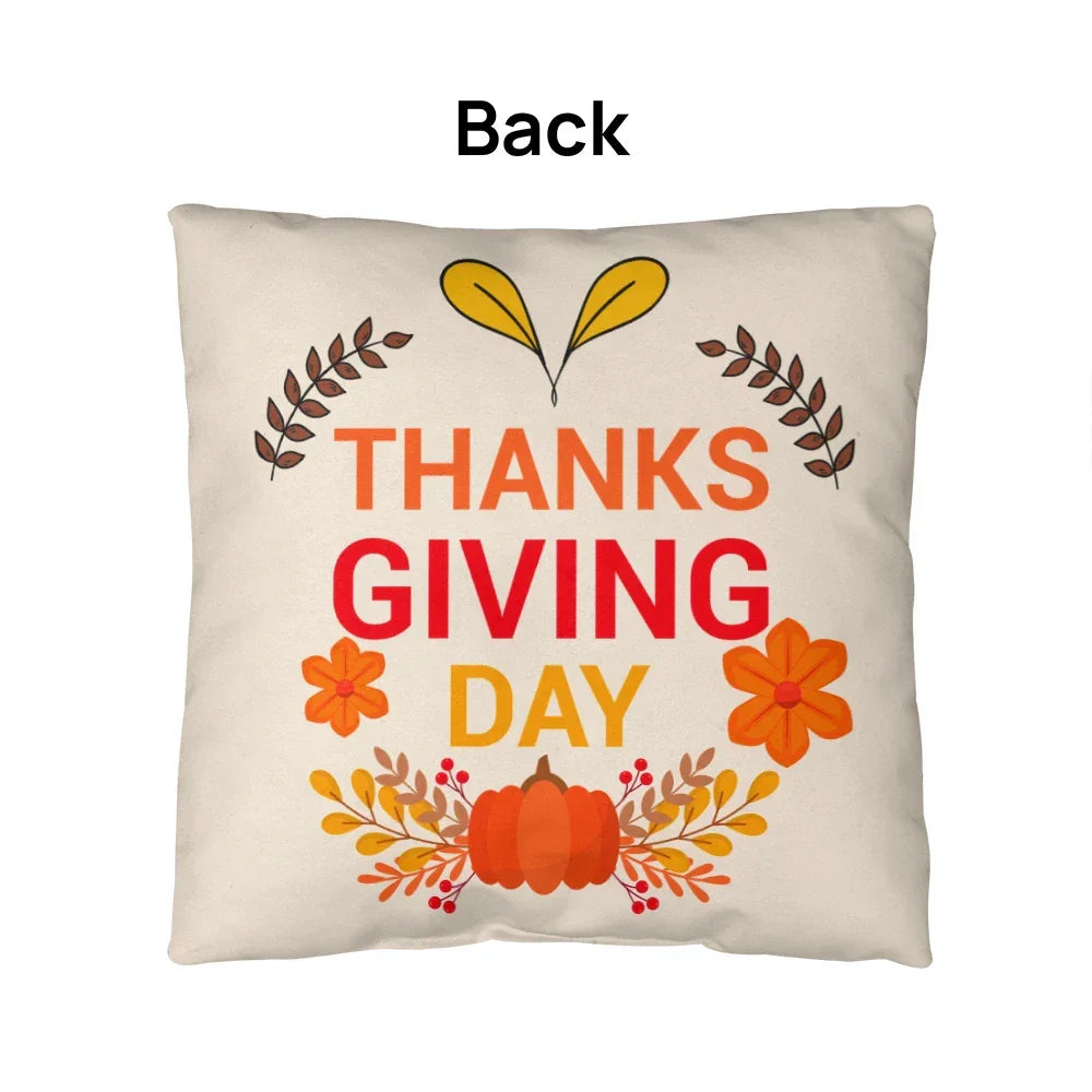 Thanksgiving Day Throw Pillow – Festive Pumpkin & Floral Fall Accent Cushion – Indoor/Outdoor, 3 Sizes
