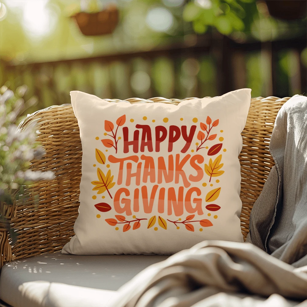 Happy Thanksgiving Throw Pillow – Indoor/Outdoor Fall Accent Cushion – Available in 3 Sizes