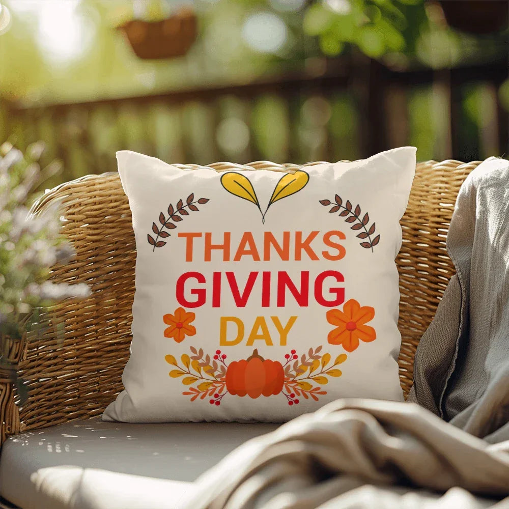 Thanksgiving Day Throw Pillow – Festive Pumpkin & Floral Fall Accent Cushion – Indoor/Outdoor, 3 Sizes