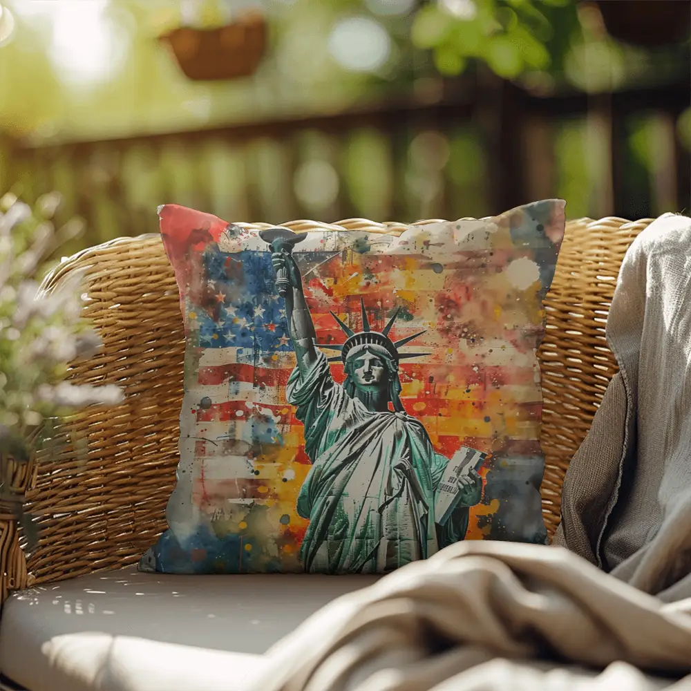 Statue of Liberty American Flag Pillow – Patriotic Indoor Outdoor Throw Pillow – USA Freedom Decor – Red White Blue Cushion – Americana Home Accent