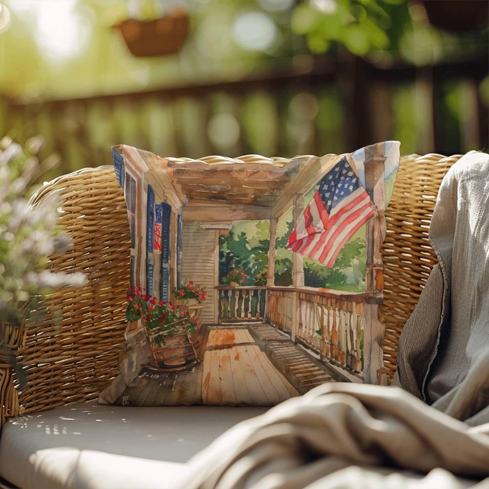 Patriotic Country Porch Scene Indoor-Outdoor Polyester Printed Pillow - Mallard Moon Gift Shop