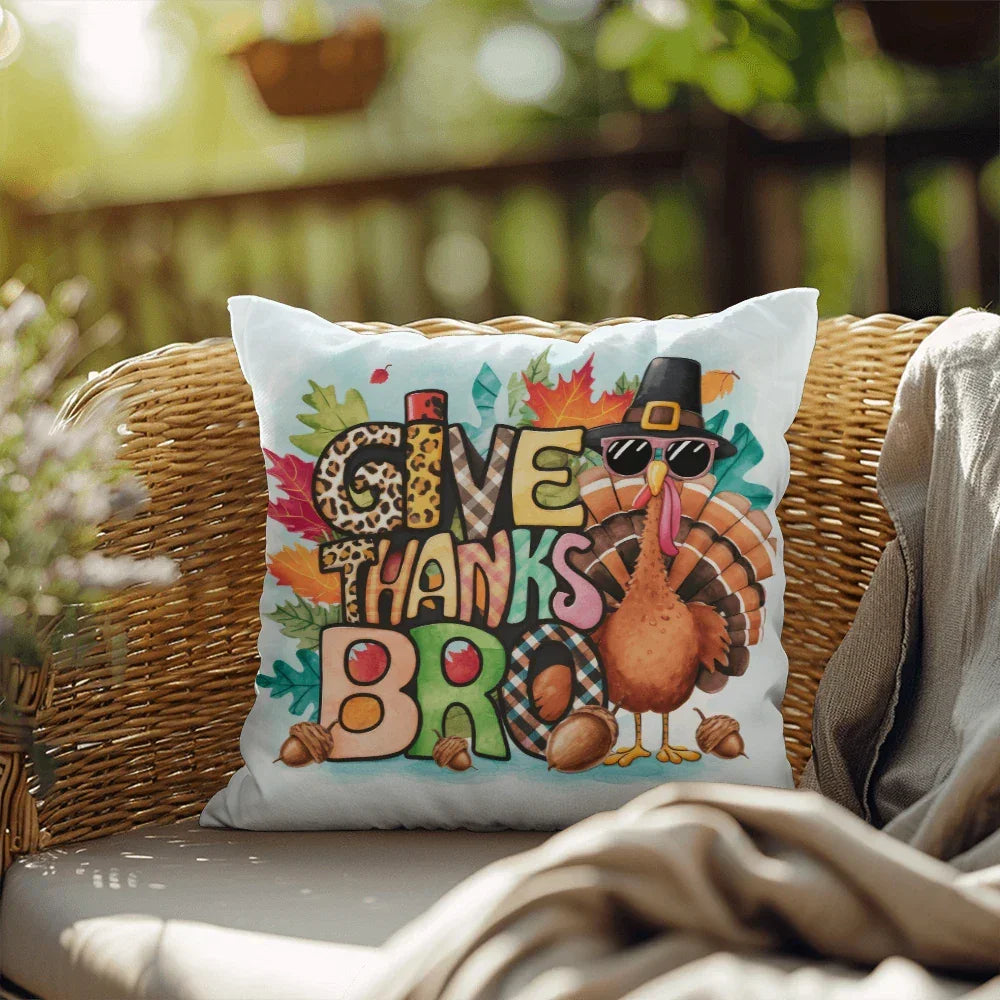 Give Thanks Bro Thanksgiving Pillow – Cool Turkey with Sunglasses Cushion – Indoor/Outdoor, 3 Sizes