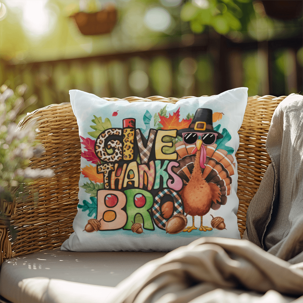 Give Thanks Bro Thanksgiving Pillow – Cool Turkey with Sunglasses Cushion – Indoor/Outdoor, 3 Sizes - Mallard Moon