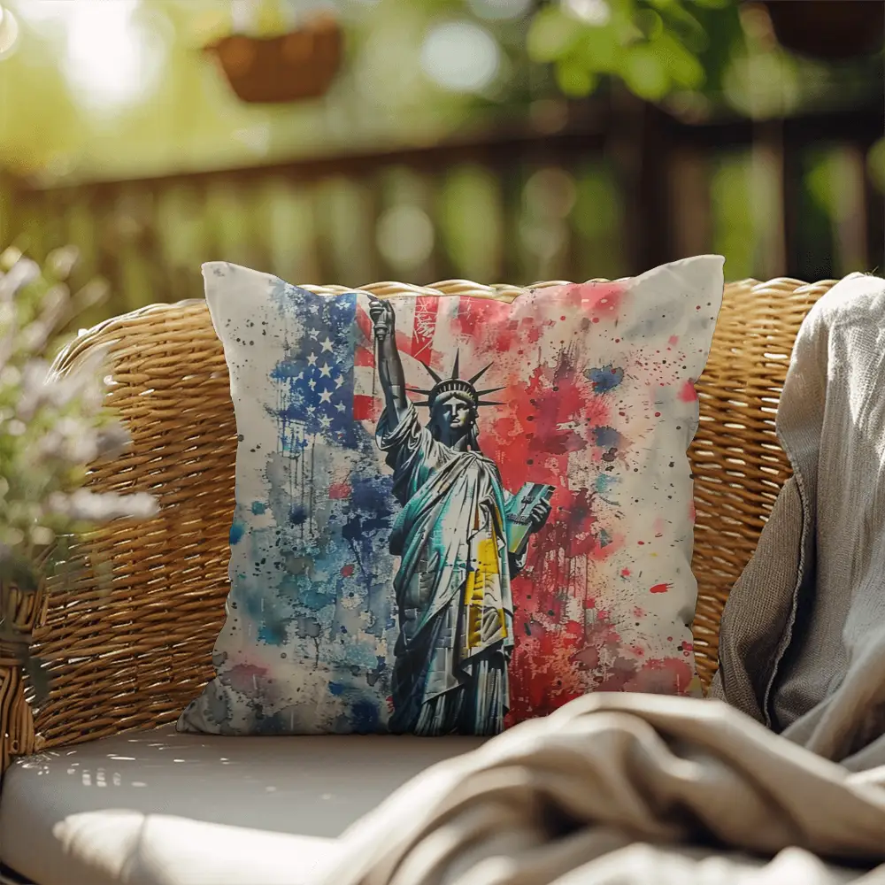 Statue of Liberty Patriotic Indoor -Outdoor Pillow – American Flag Throw Pillow – USA Home Decor – 4th of July Cushion – Patriotic Gift