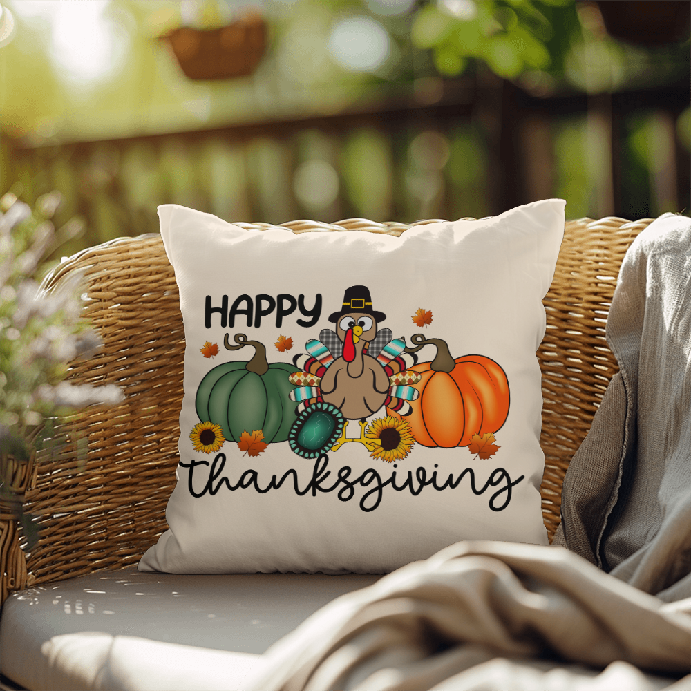 Happy Thanksgiving Turkey Pillow – Fun Fall Pumpkin & Sunflower Cushion – Indoor/Outdoor, 3 Sizes - Mallard Moon