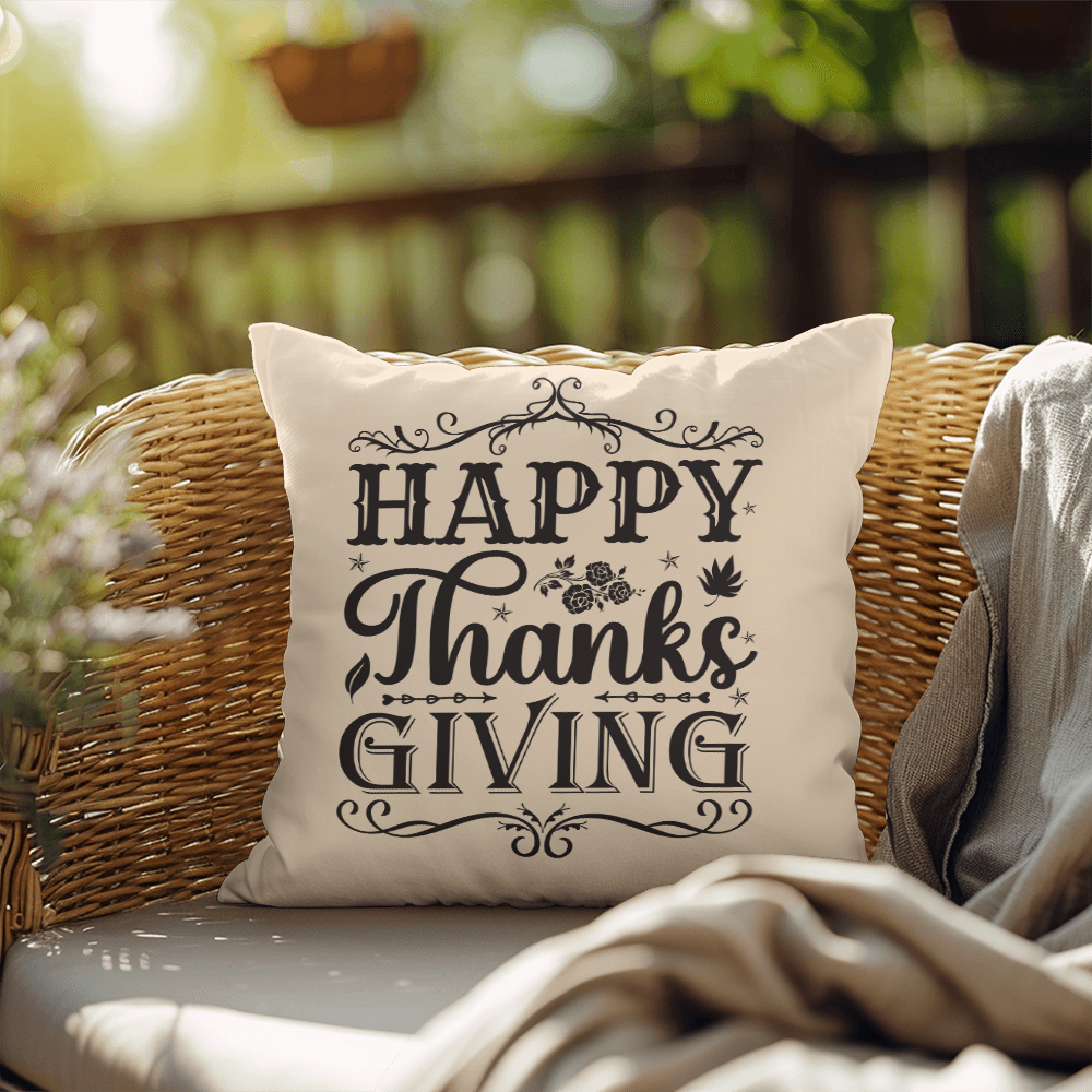 Happy Thanksgiving Decorative Pillow –Vintage Style Indoor/Outdoor Cushion – 3 Sizes - Mallard Moon