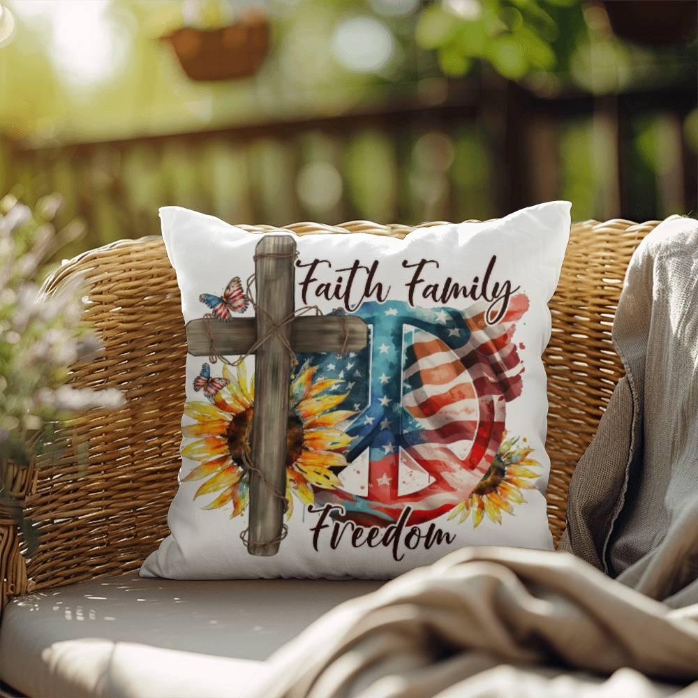 Faith Family Freedom Patriotic Comfy Indoor-Outdoor Pillow - Mallard Moon Gift Shop