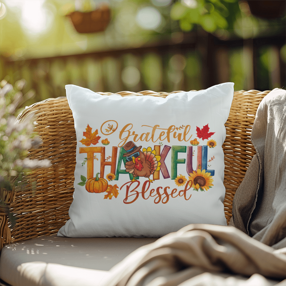 Grateful Thankful Blessed Pillow – Colorful Turkey & Pumpkin Thanksgiving Cushion – Indoor/Outdoor, 3 Sizes - Mallard Moon