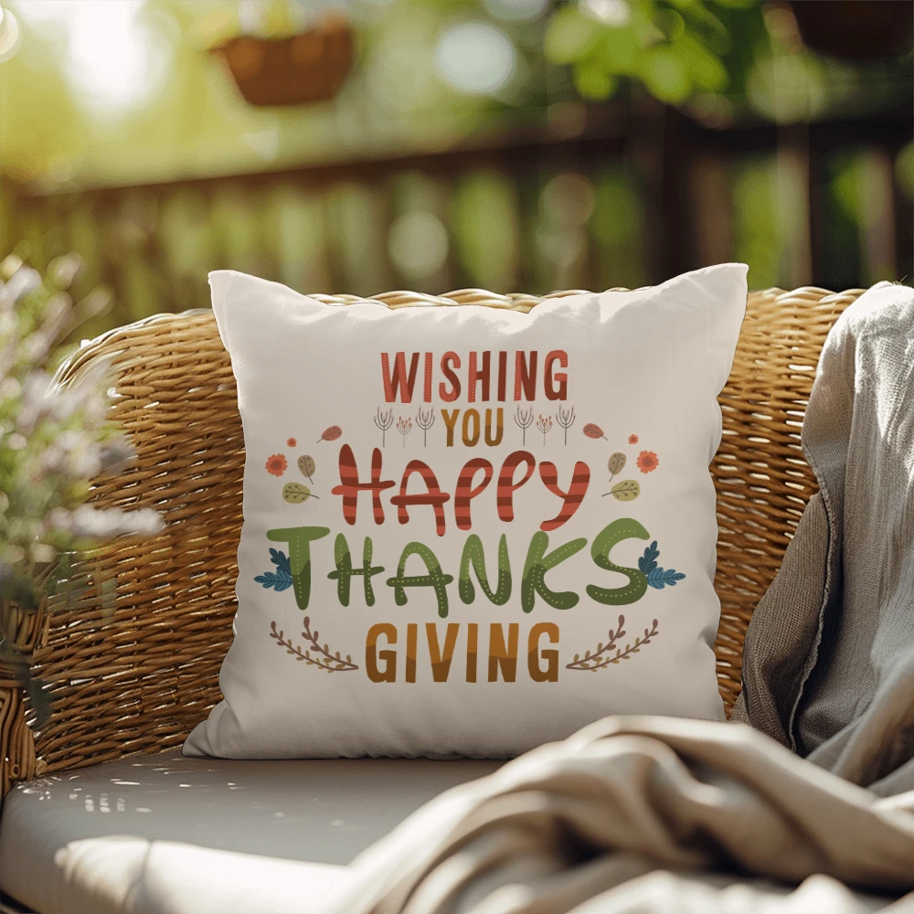 Wishing You a Happy Thanksgiving Throw Pillow – Indoor/Outdoor Fall Accent Cushion – Available in 3 Sizes