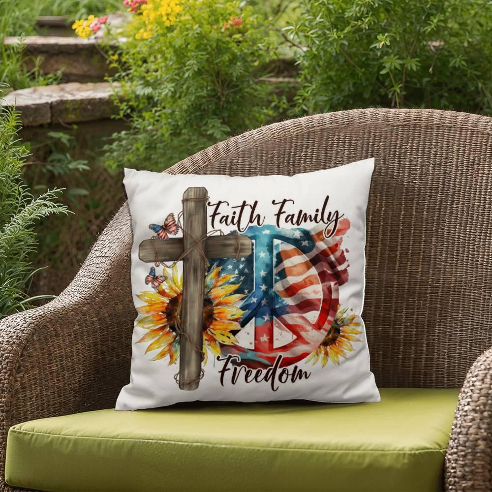 Faith Family Freedom Patriotic Comfy Indoor-Outdoor Pillow - Mallard Moon Gift Shop