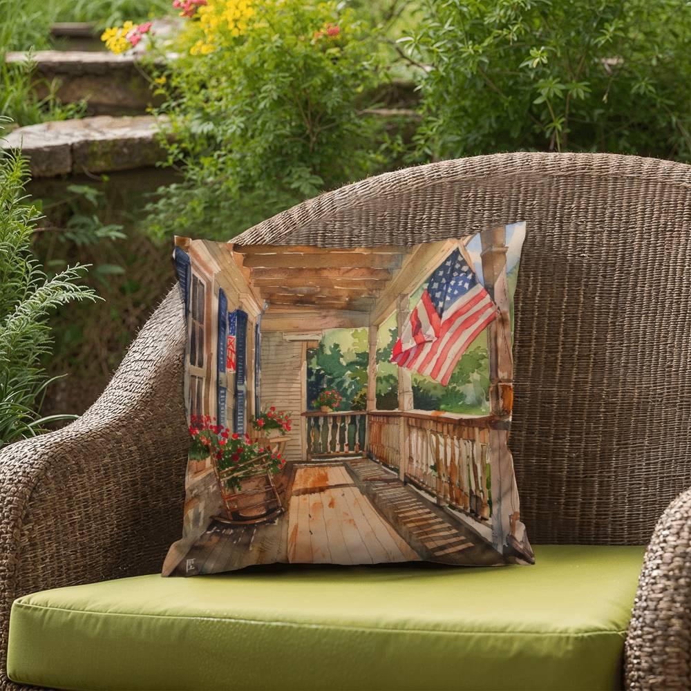 Patriotic Country Porch Scene Indoor-Outdoor Polyester Printed Pillow - Mallard Moon Gift Shop