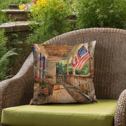 Patriotic Country Porch Scene Indoor-Outdoor Polyester Printed Pillow - Mallard Moon Gift Shop