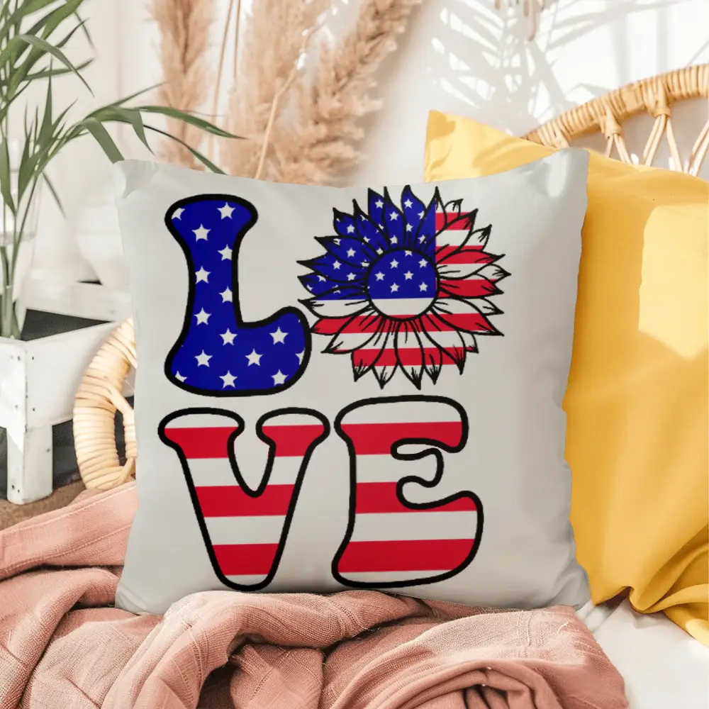 Patriotic Love Pillow, USA Flag Sunflower Throw Pillow, Indoor Outdoor Polyester Cushion, 4th of July Home Decor, American Flag Accent Pillow