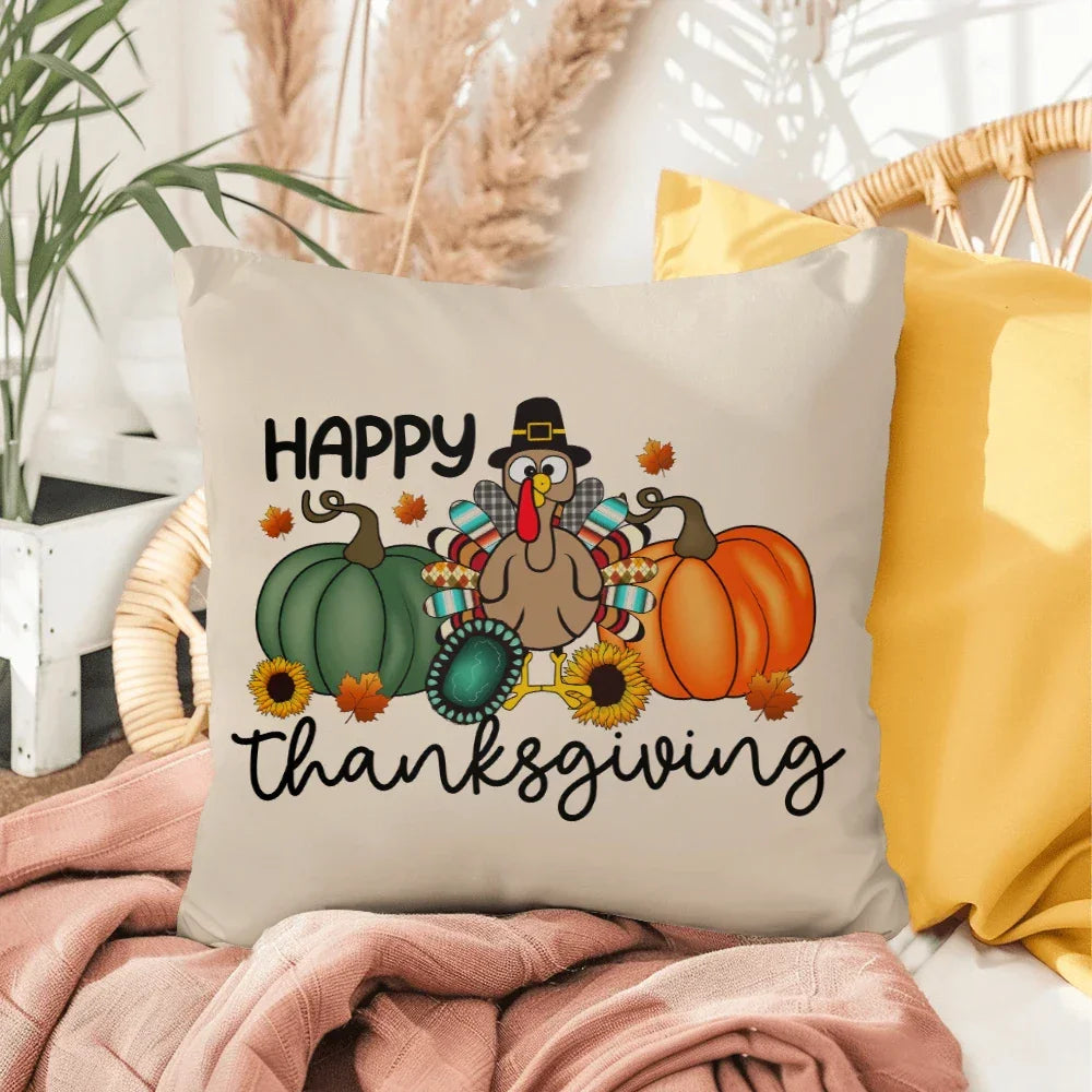 Happy Thanksgiving Turkey Pillow – Fun Fall Pumpkin & Sunflower Cushion – Indoor/Outdoor, 3 Sizes