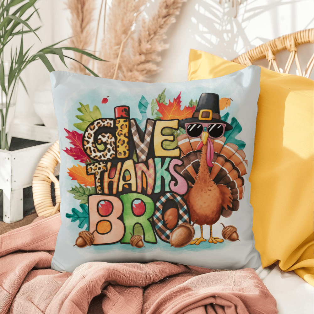 Give Thanks Bro Thanksgiving Pillow – Cool Turkey with Sunglasses Cushion – Indoor/Outdoor, 3 Sizes - Mallard Moon