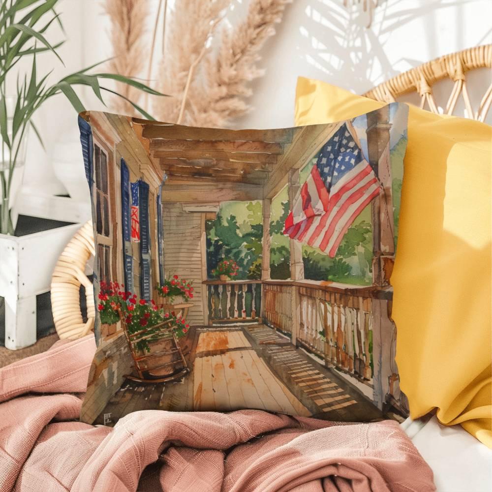 Patriotic Country Porch Scene Indoor-Outdoor Polyester Printed Pillow - Mallard Moon Gift Shop