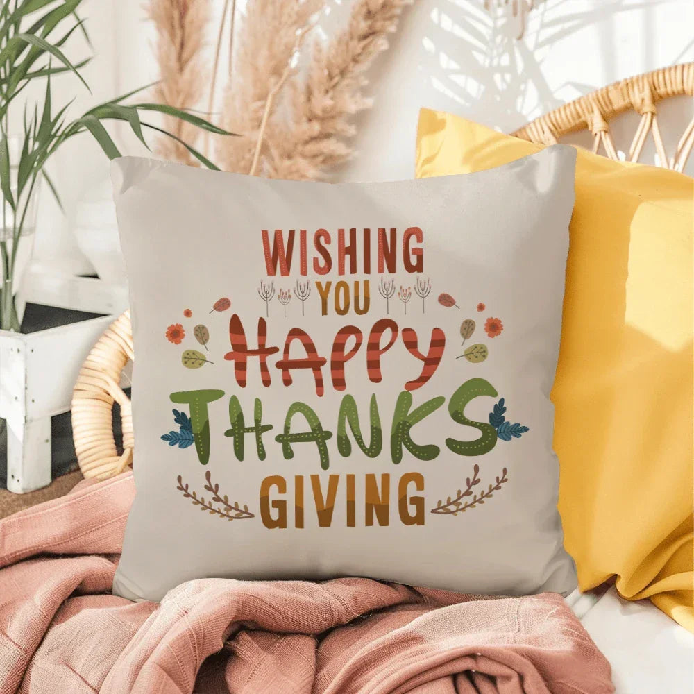Wishing You a Happy Thanksgiving Throw Pillow – Indoor/Outdoor Fall Accent Cushion – Available in 3 Sizes