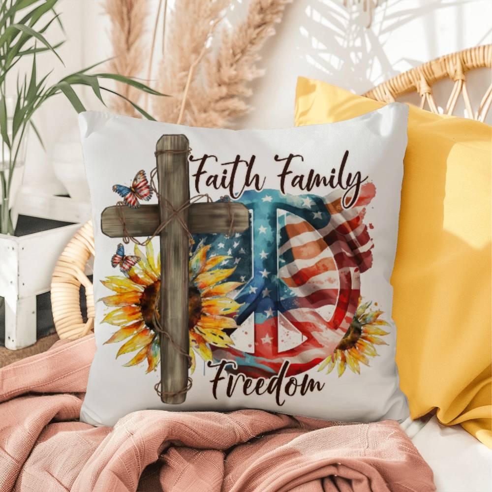 Faith Family Freedom Patriotic Comfy Indoor-Outdoor Pillow - Mallard Moon Gift Shop